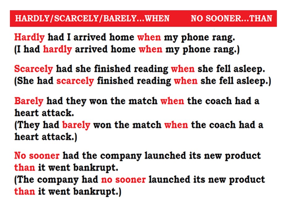 Hardly перевод. Инверсия в английском hardly. Inversion в английском языке hardly when. Hardly scarcely barely. Hardly конструкция.